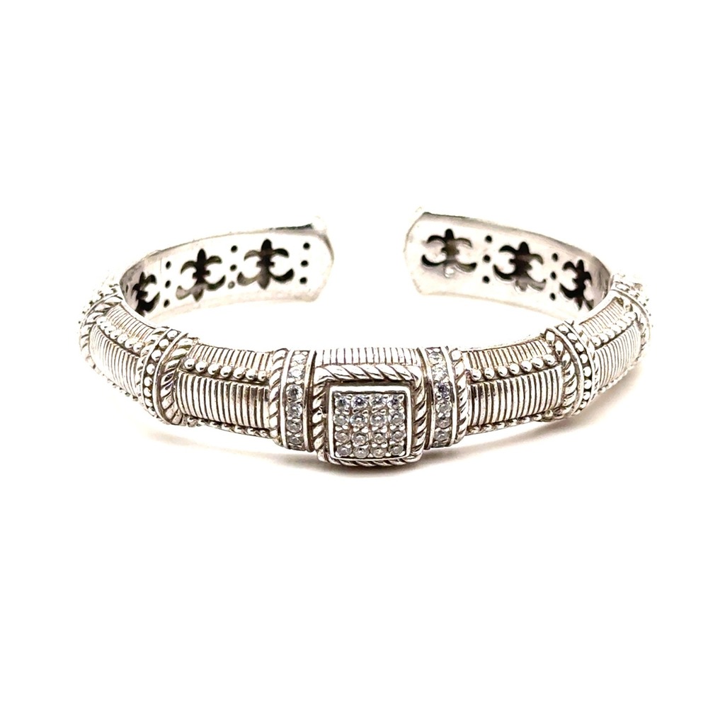 Judith Ripka Sterling Silver CZ Hinged Cuff Bracelet Fleur-de-Lis 6.75 Inch